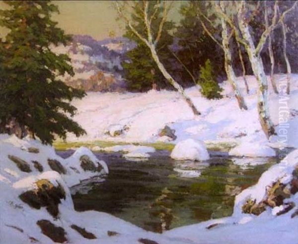 Winter Landscape With Stream, Light Playing On Snowy Banks, Distant Hills Oil Painting by Walter Koeniger