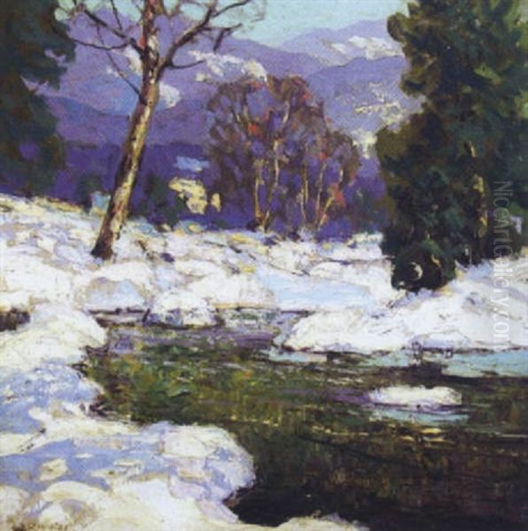 Impressionist Winter Landscape With Creek Oil Painting by Walter Koeniger