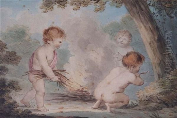 Three Cherubs Building A Fire Oil Painting by Lady Diana Beauclerk