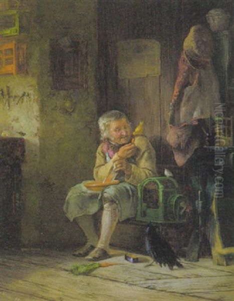 Der Vogelfreund Sitzt In Seiner Werkstatt Und Futtert Den Vogel Auf Seiner Schulter Mit Einer Mohrrube Oil Painting by Pancraz Koerle