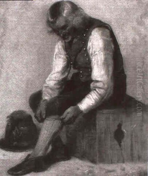 Sitzender Mann In Tracht, Seine Kniestrumpfe Hochziehend Oil Painting by Pancraz Koerle