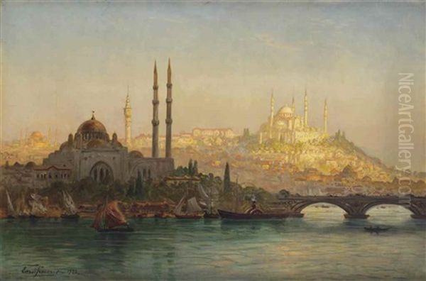 Istanbul, Valide Und Solimanie Moschee; Istanbul, Valide And The Suleymaniye Mosque Oil Painting by Ernest Karl Eugen Koerner