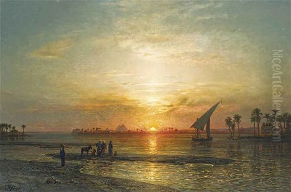 The Nile At Geza, Dusk Oil Painting by Ernest Karl Eugen Koerner