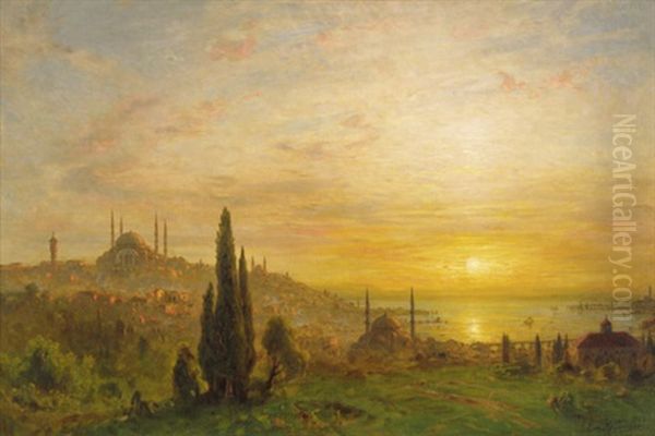 Sonnenuntergang Uber Istanbul Am Goldenen Horn: Blick Von Den Garten Des Topkapi-palastes Auf Die Suleymaniye-moschee, Die Galata Brucke Und Die Yeni Cami-moschee Oil Painting by Ernest Karl Eugen Koerner