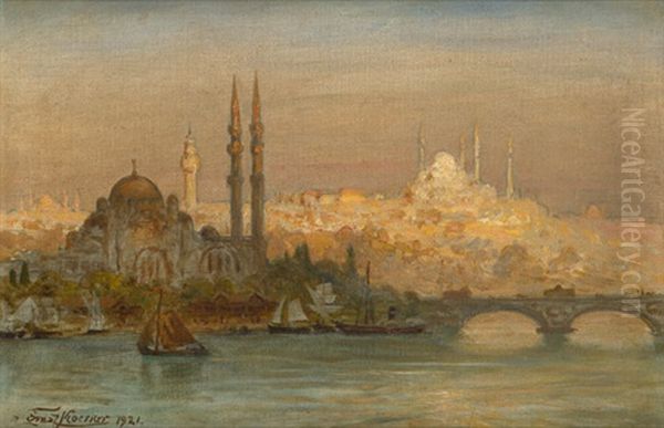 Blick Auf Istanbul Mit Der Yeni Moschee Und Der Suleymaniye-moschee by Ernest Karl Eugen Koerner