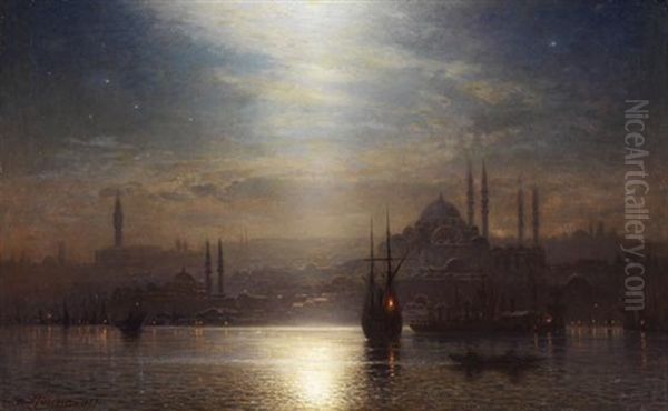 Blick Uber Den Bosporus Auf Konstaniopel Bei Nacht Oil Painting by Ernest Karl Eugen Koerner