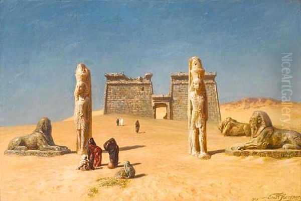 The Temple Of Wadi Es-sebua, Nubia Oil Painting by Ernest Karl Eugen Koerner