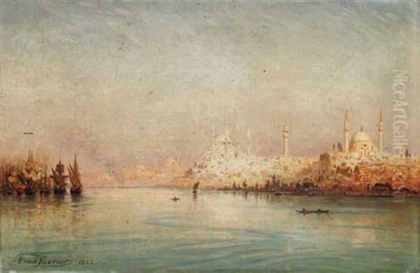 On The Golden Horn Before The Sulemymaniye Mosque, Istanbul Oil Painting by Ernest Karl Eugen Koerner