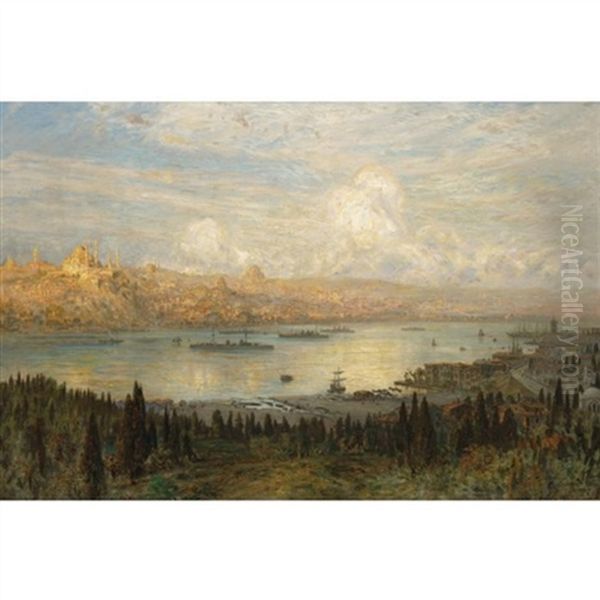 The Golden Horn (from Tepebasi Looking At The Beyazit Tower And Sulemymaniye Mosque) Oil Painting by Ernest Karl Eugen Koerner