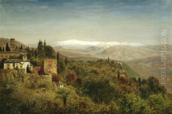 Blick In Weite Sommerliche Gebirgslandschaft. Vorn Links Im Hang Ein Kleines Kirchdorf Oil Painting by Ernest Karl Eugen Koerner