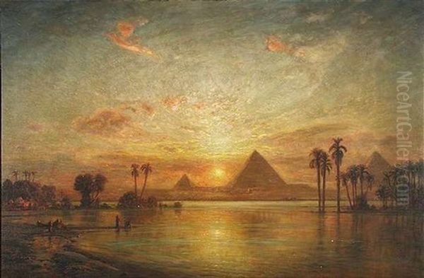 Blick Uber Den Nil Auf Die Pyramiden Von Gizeh Bei Sonnenuntergang Oil Painting by Ernest Karl Eugen Koerner