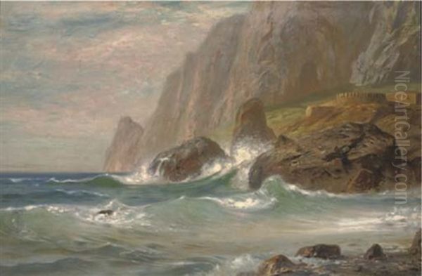 Waves Crashing Against A Rocky Cove Oil Painting by Ernest Karl Eugen Koerner