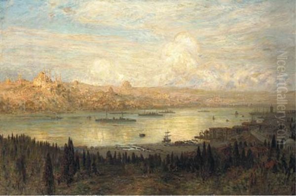 The Golden Horn, From Tepebasi Looking At The Beyazit Tower And Sulemymaniye Mosque Oil Painting by Ernest Karl Eugen Koerner