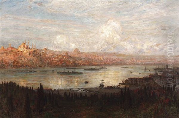 Blick Uber Den Bosporus Auf Konstantinopel Im Morgenlicht. Auf Dem Wasser Englische Kriegsschiffe Oil Painting by Ernest Karl Eugen Koerner