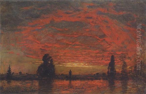 Flusslandschaft Bei Sonnenuntergang Oil Painting by Ernest Karl Eugen Koerner