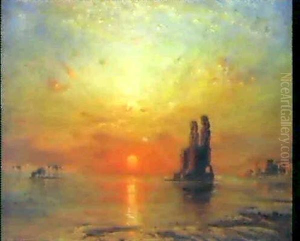 Soleil Couchant Sur Les Colosss De Memnon Oil Painting by Ernest Karl Eugen Koerner