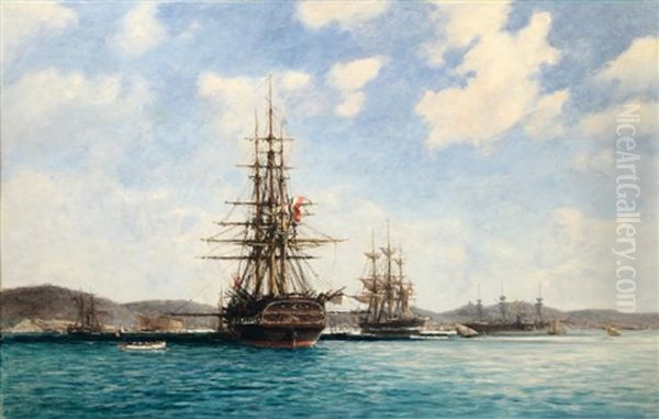 Navires En Rade (toulon?) Oil Painting by Jean-Jules Koerner