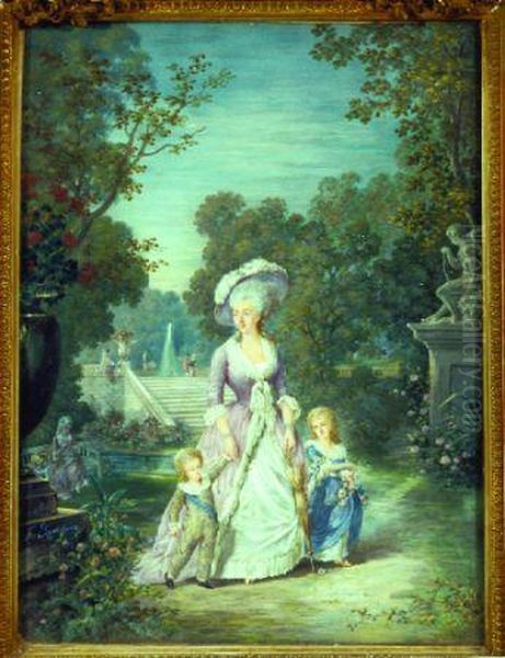 Portrait Of Marie Antoinette And Her Children In The Gardens Of Versailles Oil Painting by F. Beaudoin