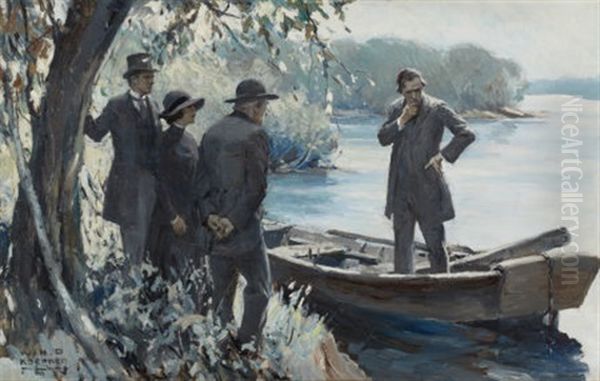 Figures By A Lake Oil Painting by William Henry Dethlef Koerner