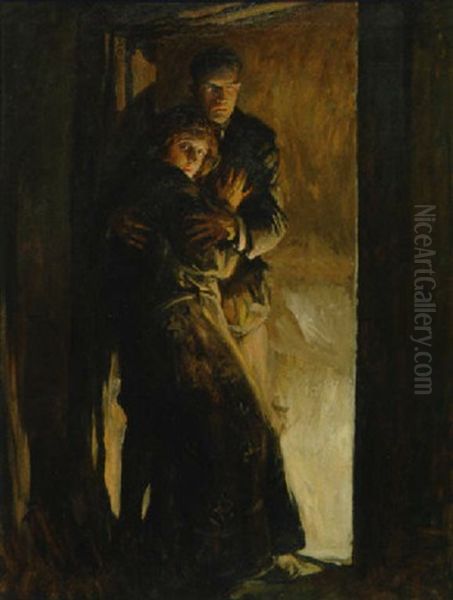 Frightened Woman Embraced By Man At Doorway Oil Painting by William Henry Dethlef Koerner