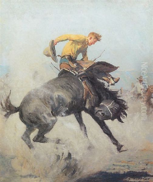 Bucking Bronco Oil Painting by William Henry Dethlef Koerner