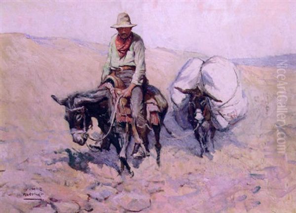 Cowboy And Burros Crossing Desolate Landscape Oil Painting by William Henry Dethlef Koerner