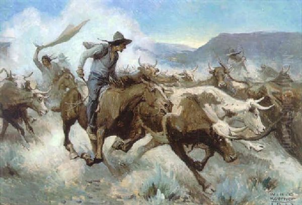 Cattle Stampede Oil Painting by William Henry Dethlef Koerner