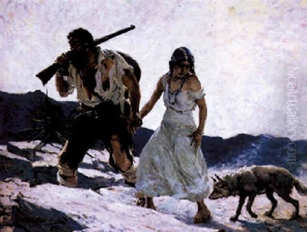 Bedraggled Couple And Dog Walking Through Desert Oil Painting by William Henry Dethlef Koerner