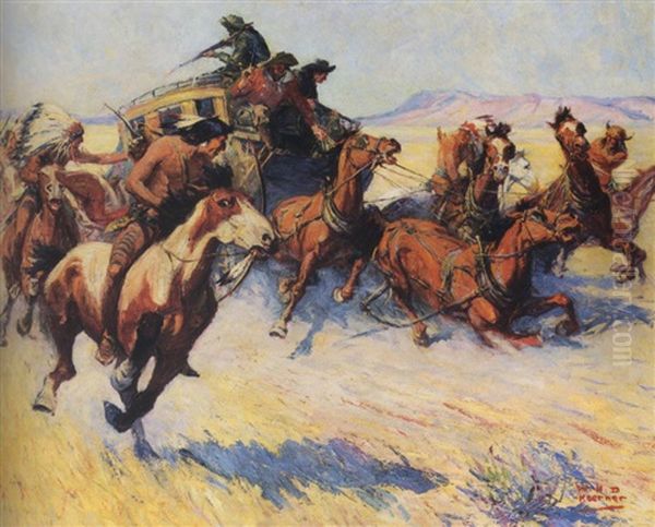 Indians Attacking Stagecoach Oil Painting by William Henry Dethlef Koerner