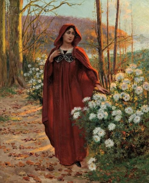 Woman Cloaked In Red Among White Chrysanthemums Oil Painting by Jean Beauduin