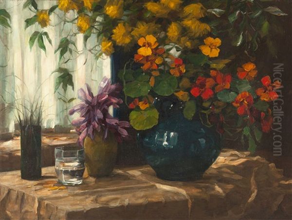 Blumenstillleben (kapuziner Mit Blauer Vase Und Herbstzeitlosen) by Alexander Max Koester