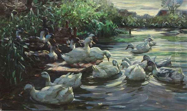 Entem Am Steg (ducks On The Dock) Oil Painting by Alexander Max Koester