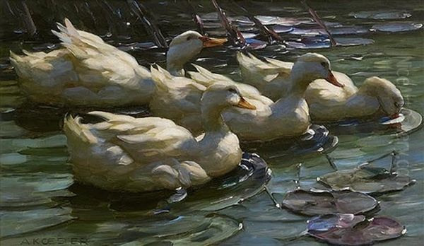 Four Ducks On A Pond With Water Lilies Oil Painting by Alexander Max Koester