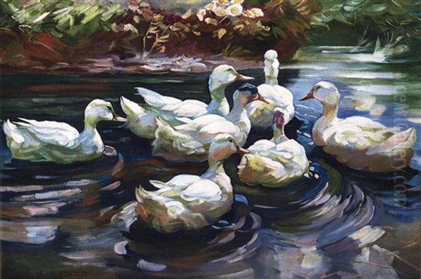 Sieben Enten Im Schilfwasser Oil Painting by Alexander Max Koester