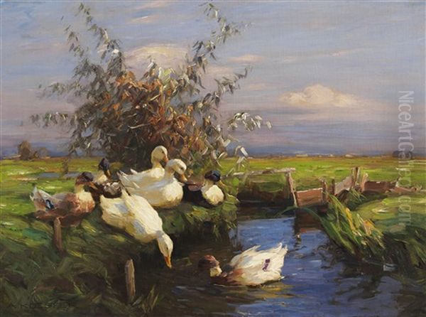 Sieben Enten Am Graben Oil Painting by Alexander Max Koester