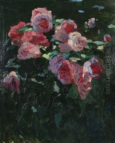 Violettrote Rosen Vor Dunklem Grun Oil Painting by Alexander Max Koester