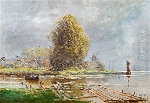 River Landscape With Ducks Oil Painting by Alexander Max Koester