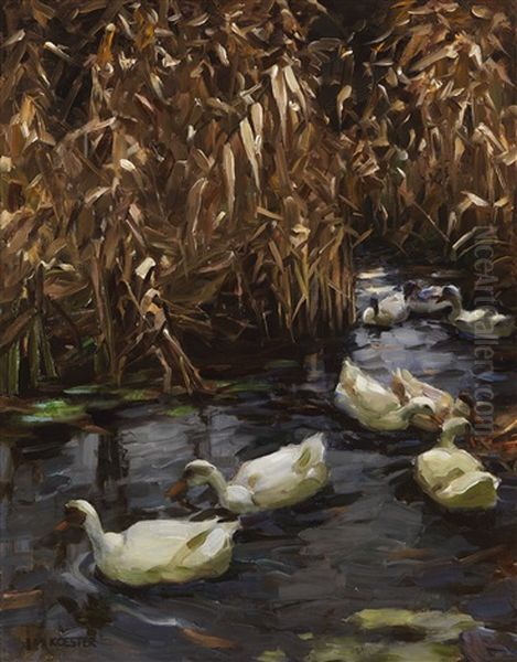 Acht Enten Im Herbstschilf Oil Painting by Alexander Max Koester