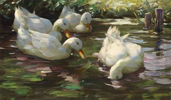 Four Ducks On The Pond Oil Painting by Alexander Max Koester