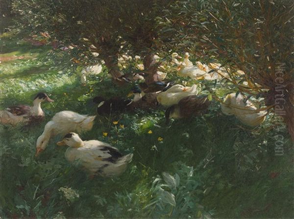 Mittagsrast (enten Unter Weiden) Oil Painting by Alexander Max Koester