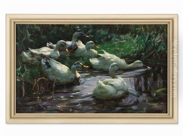 Six Ducks At The Pond Oil Painting by Alexander Max Koester