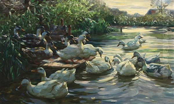 Entem Am Steg (ducks On The Dock) Oil Painting by Alexander Max Koester