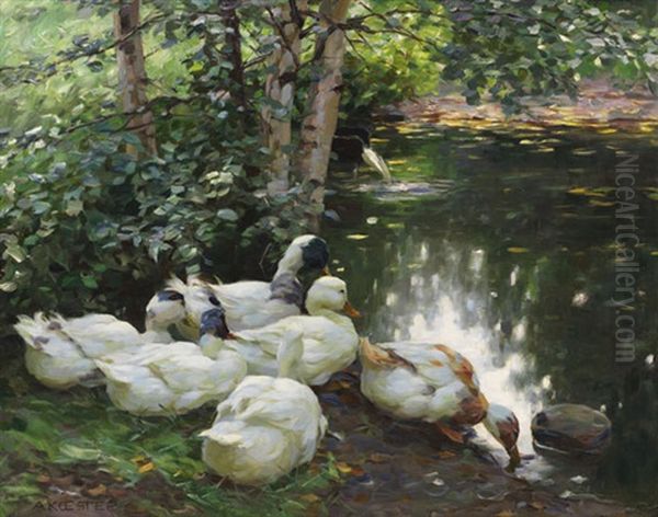 Sechs Enten Am Teichufer Oil Painting by Alexander Max Koester