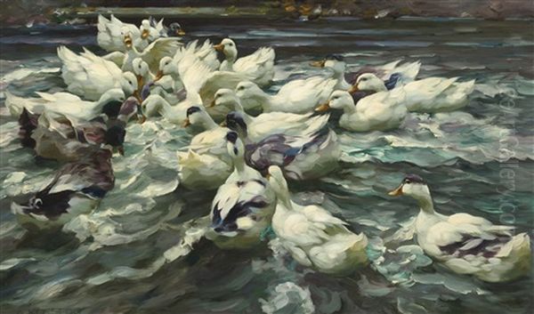 Enten In Teich (wilde Jagd) Oil Painting by Alexander Max Koester