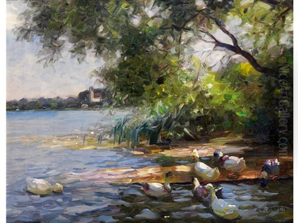 Enten Am Ufer Unter Baumen Oil Painting by Alexander Max Koester