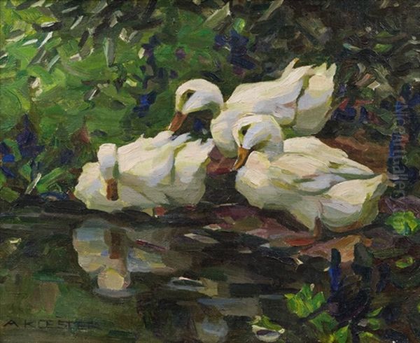 Drei Enten Am Teichufer Oil Painting by Alexander Max Koester