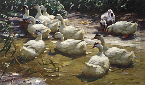 Enten Am Weiher: Ducks On The Riverbank Oil Painting by Alexander Max Koester