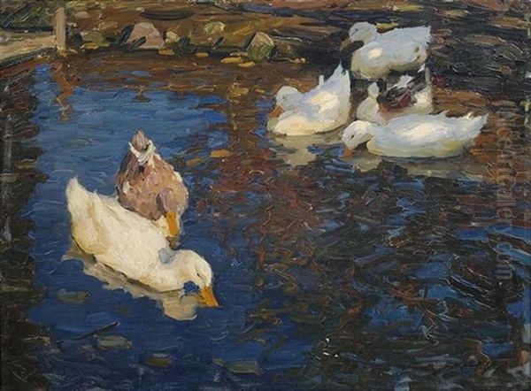 Sechs Enten Im Teich by Alexander Max Koester