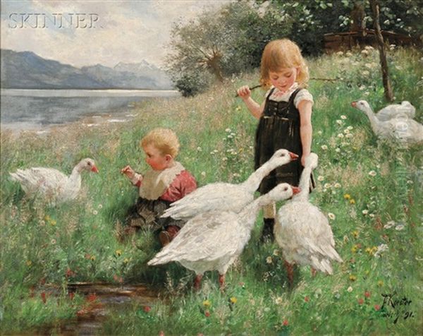 Children And Geese In A Lakeside Meadow Oil Painting by Alexander Max Koester