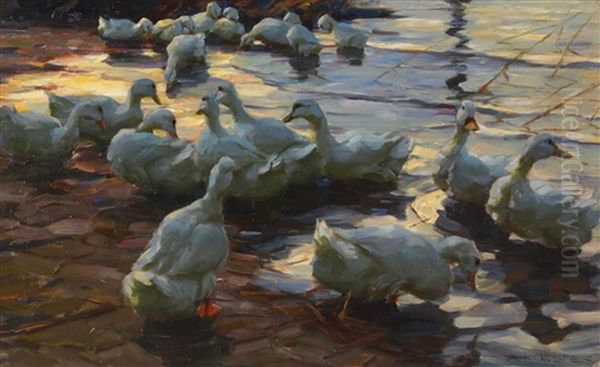 Enten Am See (ducks At The Lake) Oil Painting by Alexander Max Koester